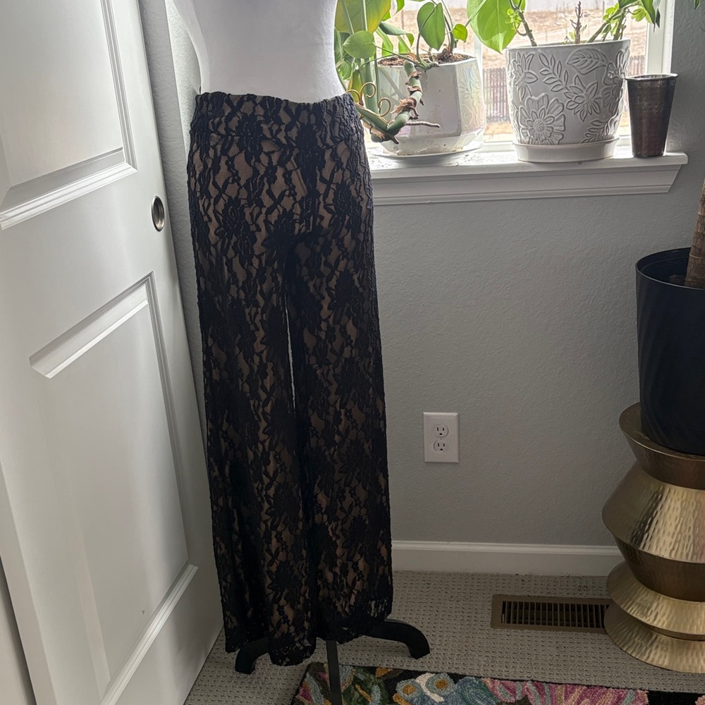 Women's Black Lace Flare Pants with Nude Underlay